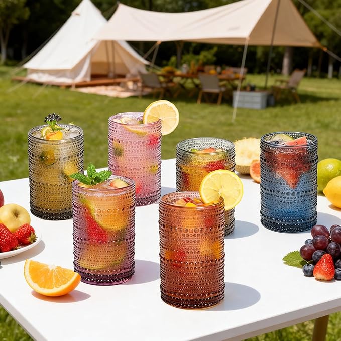GGOLDMER Colored Hobnail Drinking Glasses Set of 6, 12oz Vintage Kitchen Glassware, Embossed Design Water Glasses, Glass Cups, Water Tumbler for Beer, Juice, Cocktail, Whiskey, Milk