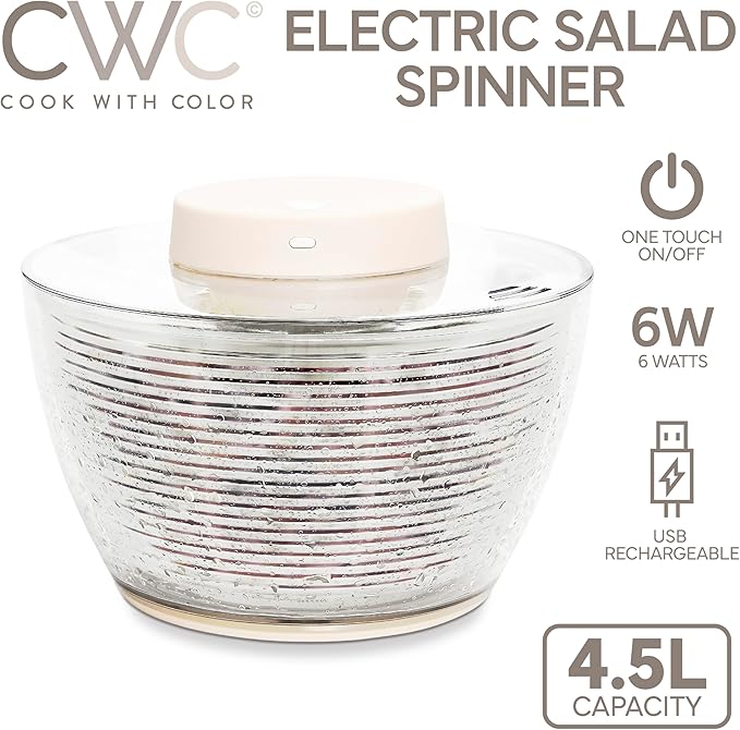 COOK WITH COLOR Electric Salad Spinner, Round 4.5L Capacity – Fast Drying & Easy Spin for Fresh Greens, Cream