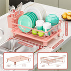 GAOKASE Dish Drying Rack, Stainless Steel-Dish Rack, Dish Racks for Kitchen Counter, Kitchen Dish Drainers with Removable Utensil Holder,New Drain Outlet,Plate Rack and Drainboard,(Pink-11 W x 15" L)