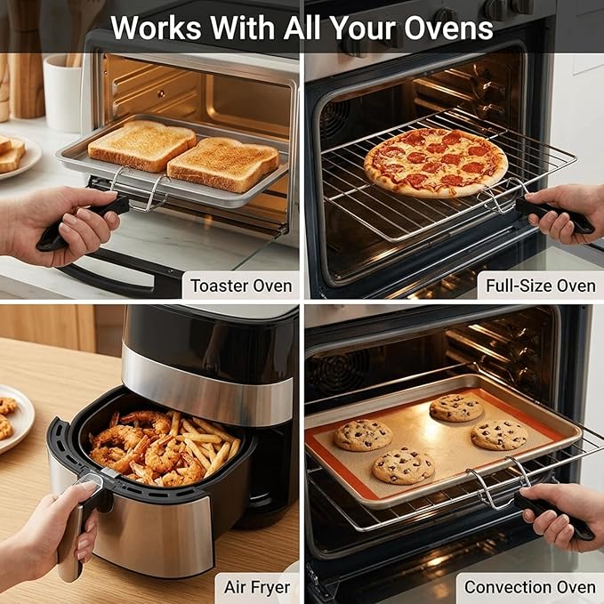 2 Pcs Air Fryer Convection Toaster Oven Tray Extractor, Oven Rack Pull Tool, Grills Extractor Clip with Ergonomic Handle, Heat Resistant Oven Tray Handle for Quickly Removing Trays and Grills