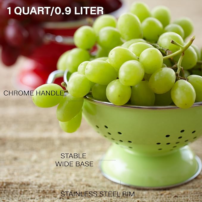 Reston Lloyd, 1 Quart Powder Coated Steel Kitchen Strainer Basket for draining Pasta, Vegetable and Fruit, Chrome Handles and Wide Stable Base, White