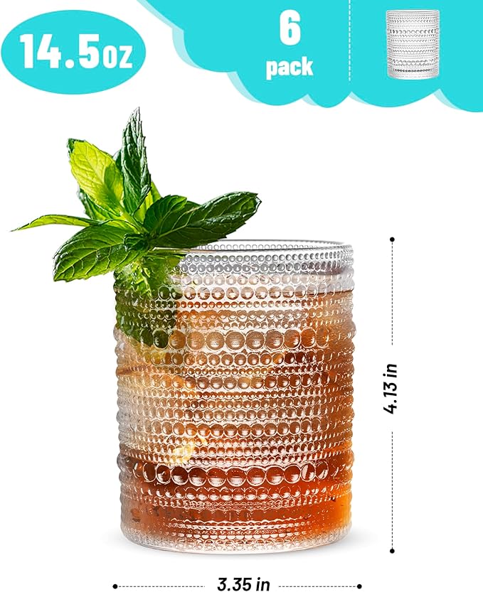 Vintage Dot-Pattern Drinking Glasses Set of 6 – 14.5 oz Clear Short Glass Cups – Embossed Textured Glassware with Anti-Slip Grip, Water Juice Soda Cocktail Tumblers – Thick Glass, Dishwasher Safe