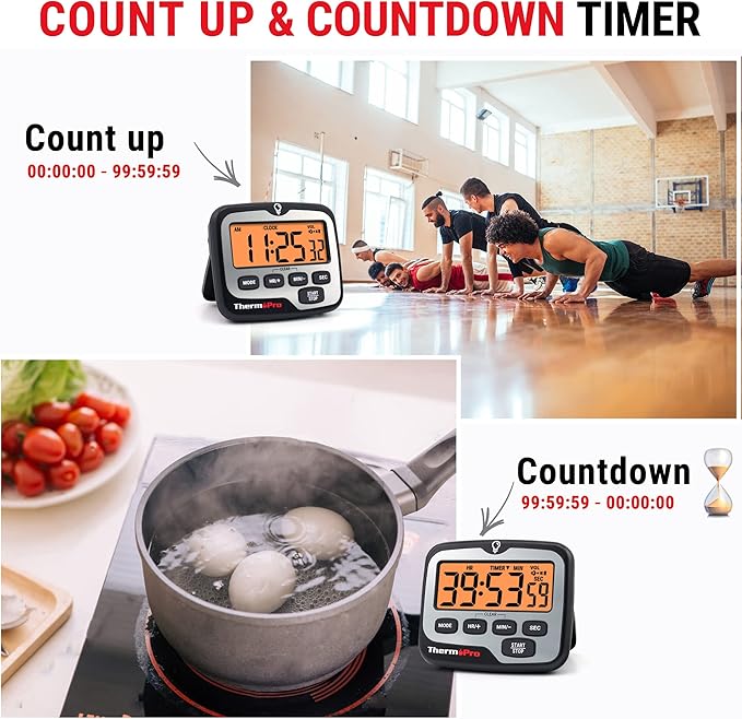 TempPro TM01(2 Pack) Kitchen Timers for Cooking with Count Up Countdown Timer, Digital Timer for Kids with Touch Backlit, Study Timers for Classroom Teacher Supplies (Previously ThermoPro)