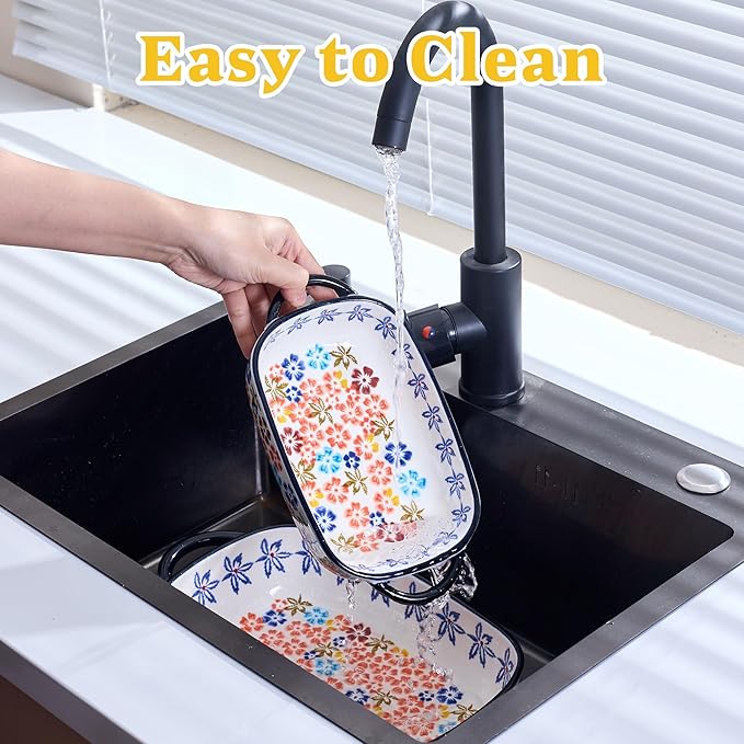 Ceramic Casserole Dishes for Oven, Hand-painted Polish Pottery Baking Dish Set of 2, 0.8QT / 2QT Porcelain Casserole Dish with Handles, Baking Pan Lasagna Pan, Gift for Family/Friend (Yellow)