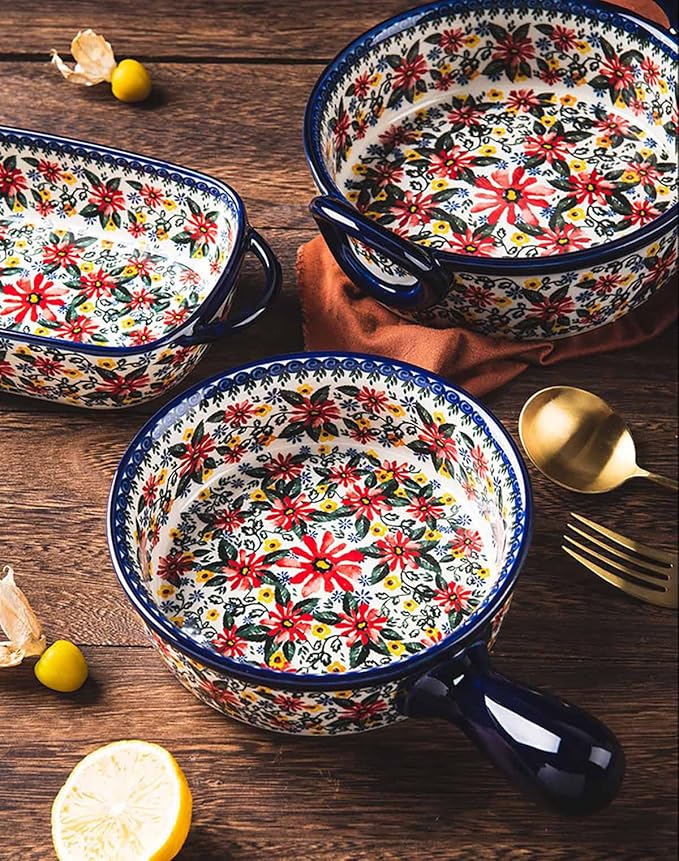 Red Daisy Flower Vintage Style Ceramic Bakeware Casserole Dish Baking Pan Lasagna Pans Baking Dish with Handles for Oven/Cooking/Kitchen-1 PCS-20 OZ