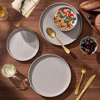 E-far 12-Piece Ceramic Dinnerware Sets, Plates and Bowls Sets for 4, Stoneware Dishware Dishes Set with Terracotta Base, Chip & Scratch Resistant, Microwave & Dishwasher Safe, Speckled Khaki