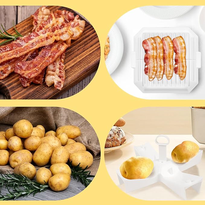 (4pcs) Easy Breakfast Set, Microwave Egg Cooker/Poacher, Microwave Omelet Maker, Microwavable Bacon Grill/Rack/Cooker Tray/Dish, Baked Potato Cooker, Easy To Use and Non-Stick Egg Cookwarez