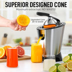Zulay Electric Citrus Juicer - Makes Fresh Orange, Lemon, Grapefruit, Lime Juice - Stainless Steel, 160W Powerful & Quiet, Interchangeable Cones -Filters Out Seeds & Pulp- Dishwasher Safe Parts- Black
