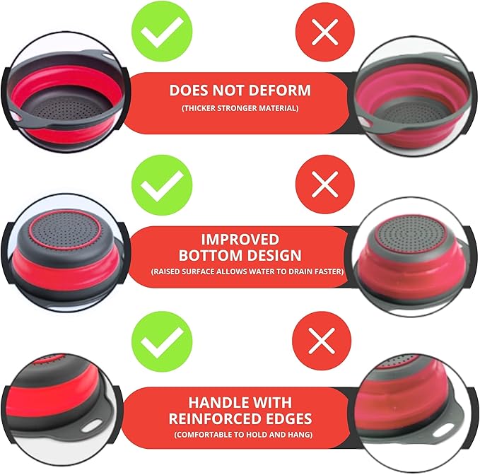 Red Kitchen Strainer Colander Set - 2 PCS Silicone Food Strainers for Kitchen Collapsible Colander with Plastic Handles for Pasta and Spaghetti Multifunctional