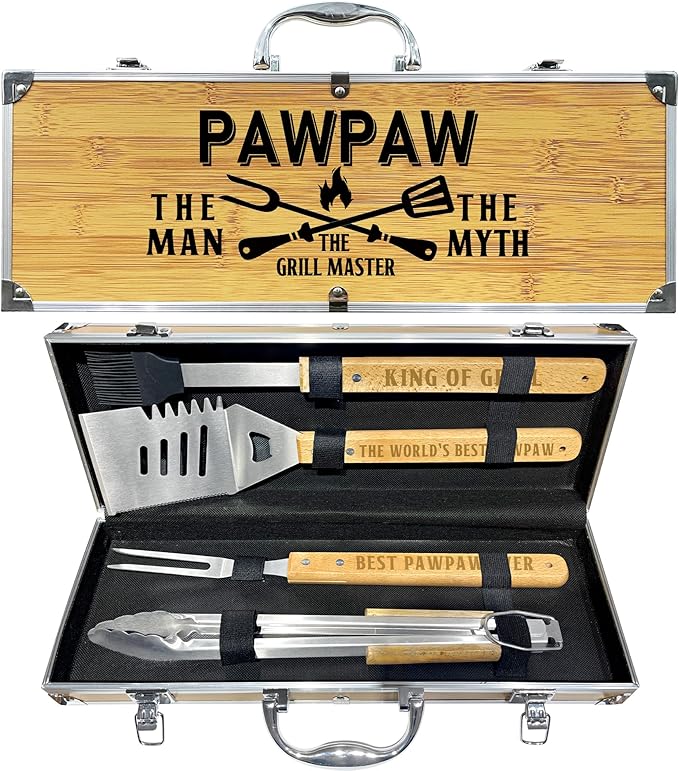 Paw Paw Gifts, Christmas Pawpaw Gifts from Grandkids Heavy Duty Wooden BBQ Grilling Accessories Kit for Backyard, Thick Stainless Steel Grill Utensils with Non-Slip Handle Tools in Portable Bag