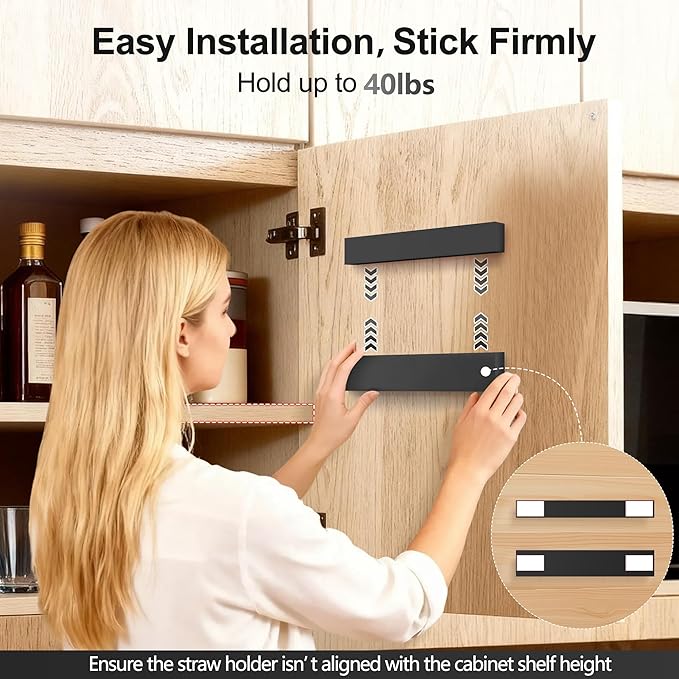 9.5” Large Acrylic Straw Holder for Cabinet Door, Reusable Adjustable Two-Part Straws Organizer with Ultra Sticky Adhesive Strips, 2026 Straw Storage for Kitchen Cupboard (Black)