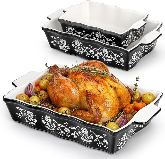 Bekith Casserole Dishes for Oven, Ceramic Baking Dishes with Handles, Ceramic Bakeware Set of 3, Rectangular Lasagna Pan Deep for Baking Cake Kitchen, Black (9"/12.3"/13.9")