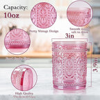 abrwyy Pink Glassware set of 4, Vintage Drinking Glasses, 10oz Pink Heavy Duty Glass Cups, Old Fashioned Glass, Embossed Glasses Set for Party Wedding Home Office Glassesware Gift