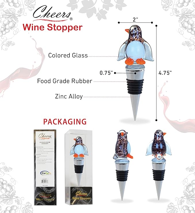 Cheers Penguin Glass Wine Stopper – Elegant Vacuum Seal Reusable Nautical Ocean Life Wine Bottle Stopper – Airtight Leak Proof Bottle Topper Cork Plug, Cute Home Decor & Bar Tool Accessory Gift