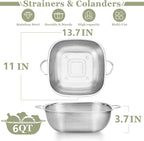 E-far 6QT Stainless Steel Colander with Handle - Square Metal Kitchen Strainer for Pasta & Vegetable Draining, Micro-Perforated & Elevated Feet, Dishwasher Safe