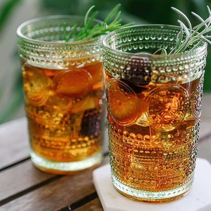 Hobnail Beaded Floral Green Drinking Glasses Set of 6, (13 oz) Vintage Glassware Set by Kate Aspen| Cocktail Glass Set, Juice Glass, Water Cups | Great Hostess Gift & Gift for New Home Owners