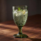 Green Stemmed Goblet, Hand-Pressed Fern Embossed Textured Glass for Water, Cocktails & Wine, Retro Boho Colored Stemware, Decorative Bar Drinkware for Kitchen Dining Table, Unique Botanical Style Gift
