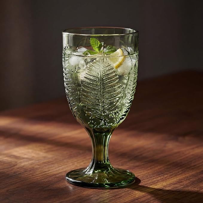 Green Stemmed Goblet, Hand-Pressed Fern Embossed Textured Glass for Water, Cocktails & Wine, Retro Boho Colored Stemware, Decorative Bar Drinkware for Kitchen Dining Table, Unique Botanical Style Gift
