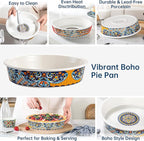 HENXFEN LEAD Ceramic Pie Dish, 10 Inch Round Pie Pan, Oven Safe Pie Plate for Apple Pie, Quiche & Tart, Boho Style Baking Dish