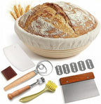 9 Inch Round Sourdough Proofing Basket, 7-Piece Complete Starter Kit with Linen Liner & Baking Tools, Bread Baking Supplies & Accessories Gift Set, Local Warehouse Shipment (1 Pack)