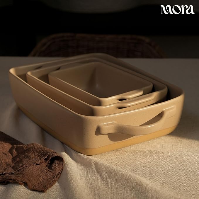 Mora Ceramic Set of 2 Baking Dishes For Casserole, Banana Bread, Brownies, Broiling, Roasting, and Baking. 7x11 in and Loaf Pans - Porcelain Serving Bakeware from Oven to Table. Freezer Safe - Mushroom