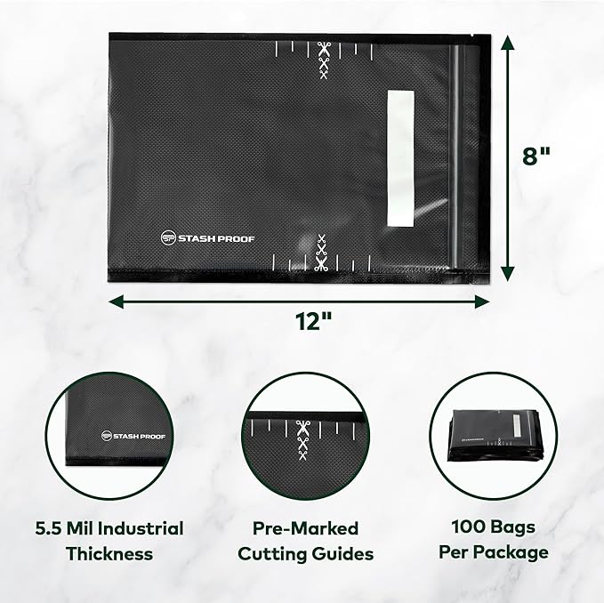 Stash Proof Resealable Zipper Vacuum Seal Bags 8" x 12" (100 Count) 5.5 Mil (Black and Clear) - BPA Free Commerical Grade Food Saver for Storage, Sous Vide, and Meal Prep Sealer Bag