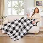 Electric Heated Blanket Throw Size - 50"x60", Soft Flannel Heating Blanket, 4 Heating Levels, 3 H Auto Shut Off, Breathable Warm and Washable for Sofa, Black - White Plaid