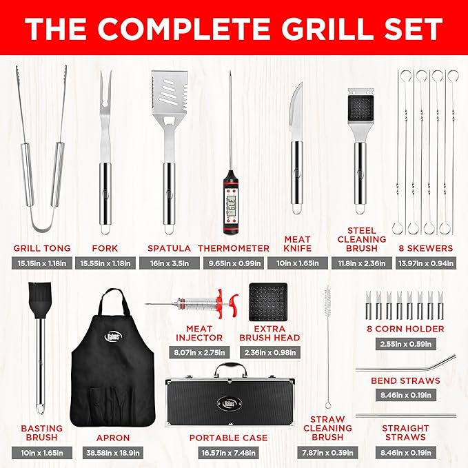 Kaluns 32 Psc Grilling Accessories, Dad Gifts for Fathers Day, Heavy Duty Stainless Steel Grill Set BBQ Grill Accessories for Outdoor Grill with Aluminum Case and Apron, Best Gifts for Men