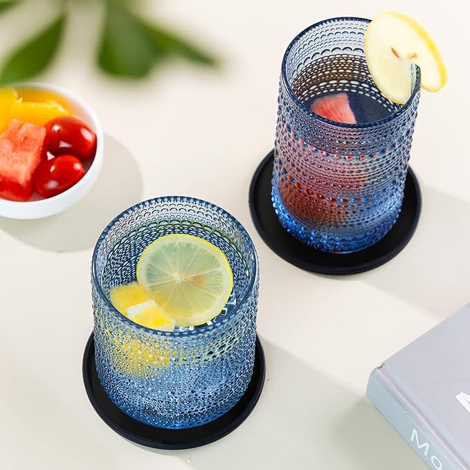 Hobnail Drinking Glasses Set of 12 Count, Vintage Glassware, Old Fashioned Glasses, 6 Highball Bubble Drinking Cups 14.5 oz, 6 Rocks Cups 10 oz with 6 Silicone Coasters, Blue
