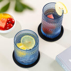 Hobnail Drinking Glasses Set of 12 Count, Vintage Glassware, Old Fashioned Glasses, 6 Highball Bubble Drinking Cups 14.5 oz, 6 Rocks Cups 10 oz with 6 Silicone Coasters, Blue