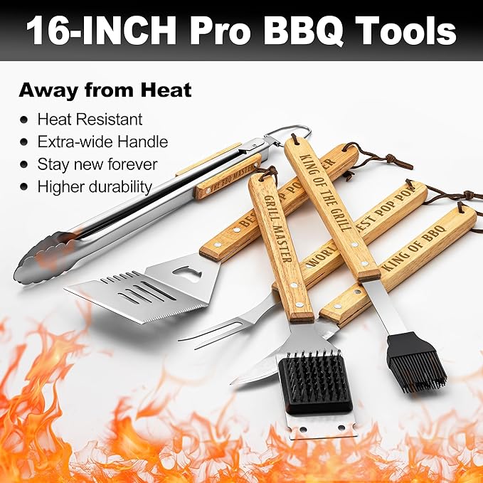 Poppop Gifts from Grandkids, Pop Pop Christmas Grilling Gift Heavy Duty Wooden BBQ Grilling Accessories Kit, Thick Stainless Steel Grill Utensils with Non-Slip Handle Tools in Portable Bag