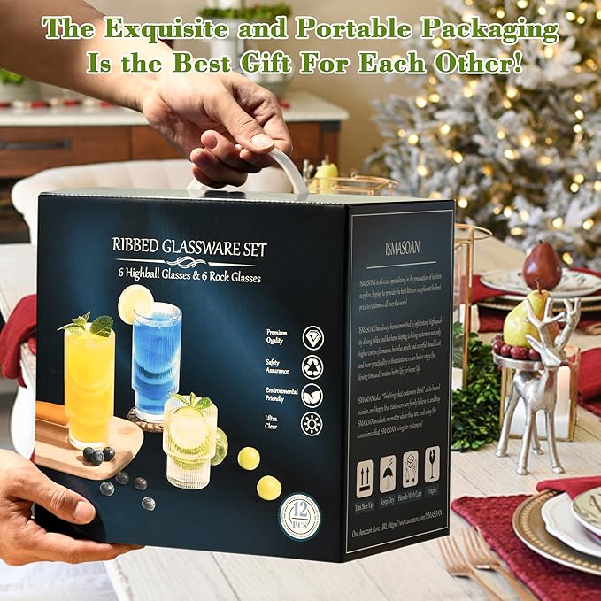 ISMASOAN Small Ribbed Glassware Set of 12, Glass Cups 12 oz and 7 oz, Fluted Glassware, Stackable Glasses, Cups for Kitchen, Gift Box Set