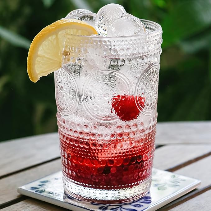 Hobnail Beaded Floral Clear Drinking Glasses Set of 6, (13 oz) Vintage Glassware Set by Kate Aspen| Cocktail Glass Set, Juice Glass, Water Cups | Great Hostess Gift & Gift for New Home Owners