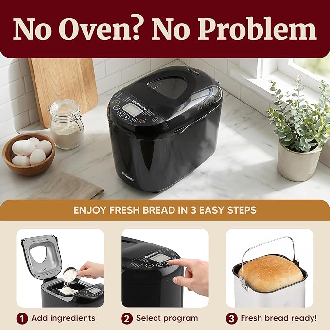 Elite Gourmet Programmable Bread Maker, 2 lb Loaf, 3 Sizes, 19 Presets incl. Gluten-Free, Dough & Jam, Delay Timer, Black