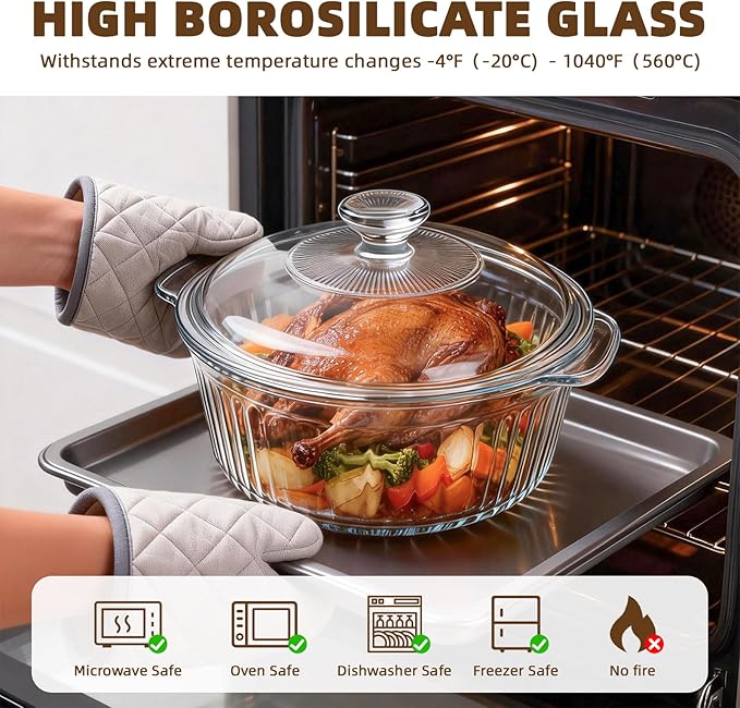 Luvan 2.4L/2.5Qt Round Glass Casserole Dish with Lid, Clear Baking Dish with Handles for Baking, Cooking & Serving, High Borosilicate Lead-Free Glass cookware, Oven, Microwave, Freezer & Dishwasher Safe