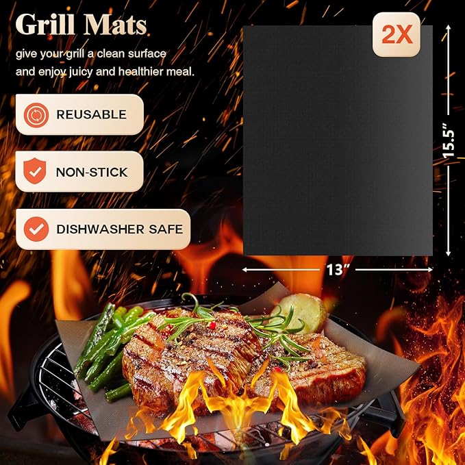ROMANTICIST 26pcs Stainless Steel Grill Tool Set, Heavy Duty BBQ Grilling Accessories Gifts for Men Dad, Non-Slip Grill Utensils Kit with Apron, Thermometer, Mats in Aluminum Case for Christmas Black