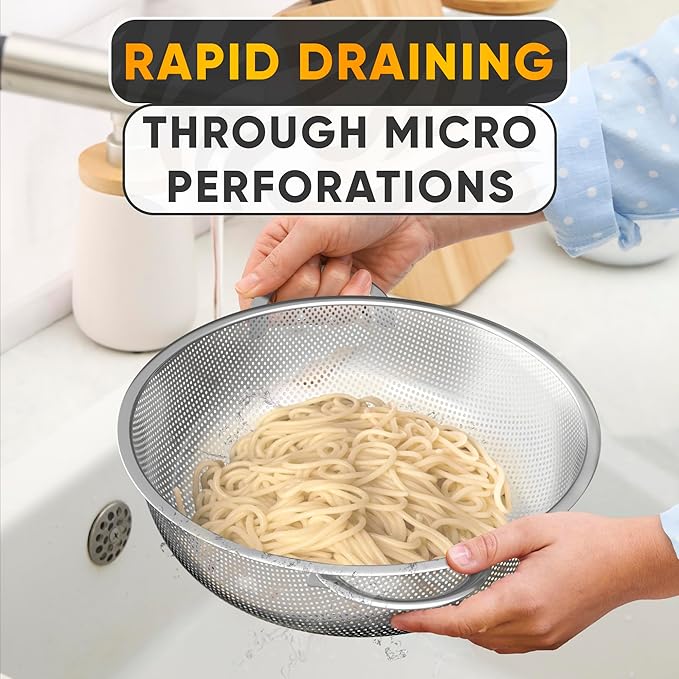 Stainless Steel Strainer Bowl With Handles - 5Qt Rice Washer Strainer Bowl for Grains, Beans, Spaghetti, Veggies, Fruits - Dishwasher Safe & Rust-Resistant Metal Strainers for Kitchen With Fine Holes