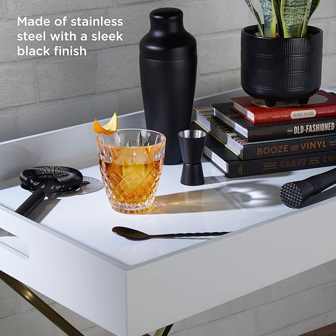 Houdini Noir 5 Piece Bar Tool Set - Stainless Steel Cocktail Shaker, Jigger, Strainer, Muddler and Mixing Spoon with Sleek Black Finish for Home Bar