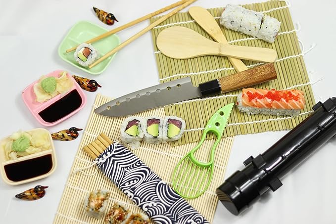 Complete Sushi Making Kit, 21 Pieces, Black Bazooka Roller with Natural Bamboo Mats, Knife, Chopsticks, Dipping Dishes, Rice Tools, DIY Home Sushi Rolling Set