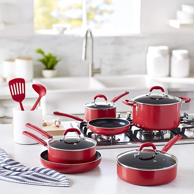 Amazon Basics Aluminum Non-Stick Cookware Set, Oven Safe, Dishwasher Safe, Stay-Cool Handles, 12-Piece, Red