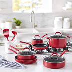 Amazon Basics Aluminum Non-Stick Cookware Set, Oven Safe, Dishwasher Safe, Stay-Cool Handles, 12-Piece, Red