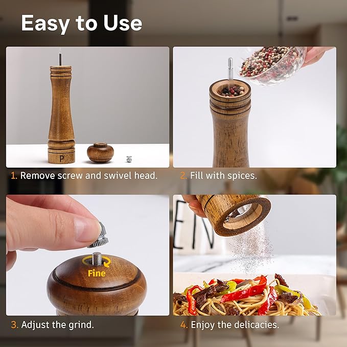 Wooden Salt and Pepper Grinder Set, Premium Oak Wood Salt Grinders Shakers, Pepper Mill with S and P Engraving, Adjustable Ceramic Grinder – 10 inches, 2 Pack