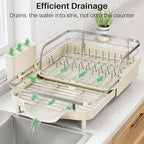 SNTD Dish Drying Rack, Expandable Dish Rack for Kitchen Counter, Stainless Steel Dish Drainer with Drainboard Set and Utensil Holder (Beige)