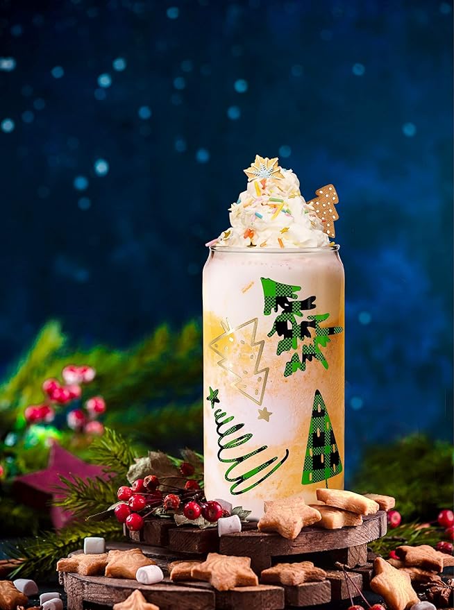 ANOTION Christmas Cups, 18oz Christmas Coffee Mugs Glass Cups with Lid and Straw Colorful Xmas Tree Tumbler Drinking Glasses Glassware Drinkware Cookie Jar Home Decoration Gifts for Women Kids Men