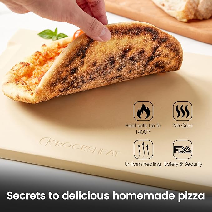 Pizza Stone 15x12 Inch Rectangular, Cordierite Baking Stone for Oven Grill BBQ, Crack Resistant with 4 Built-in Handles for Crispy Crust Bread Cookies