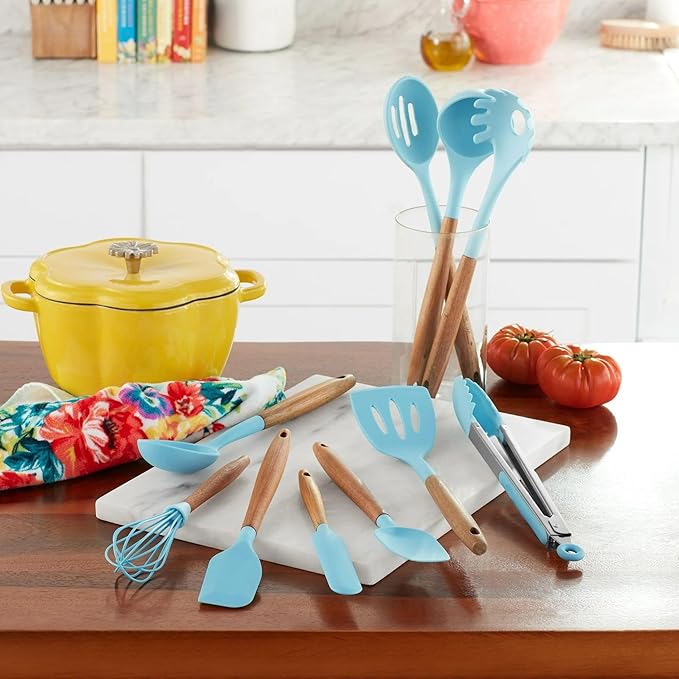 10-Piece Silicone Kitchen Utensils Set with Acacia Wood Handles, Nonstick Safe, Heat Resistant Cooking Tools for Everyday Use (Blue)