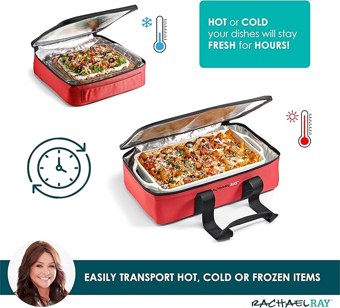 Rachael Ray Lugger Duo, Insulated Casserole Carrier for Hot or Cold Food, Thermal Lasanga Lugger Tote for Potluck, Parties, Picnic, and Cookouts, Fits 9" x 13" Baking Dish, Red Buffalo