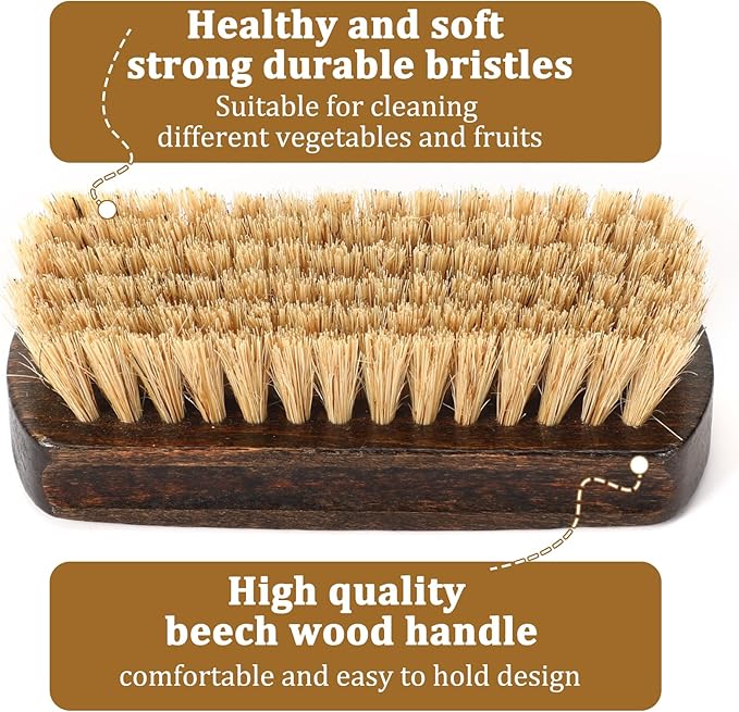 Vegetable and Fruit Brush With Wood Handle - Scrubber for Potato, Mushroom, Carrot, Corn and Food