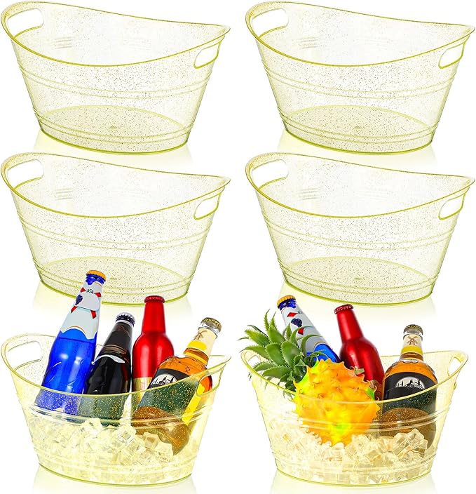 meekoo 6 Pcs Plastic Ice Buckets Bulk with Handles 4.5L Oval Storage Tub Large Capacity Ice Drink Bucket for Party Bar Wine Beer Champagne Beverage Bottle Cooler (4.5 L,Gold)