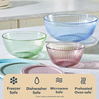 Pyrex Colors (3-Pack, Full Set) Sculpted Tinted Glass Mixing Bowls With Plastic Lids, Nesting Space Saving Set of Bowls For Prepping and Baking, 1.3QT, 2.3QT & 4.5Q, (Pink, Green, Blue)